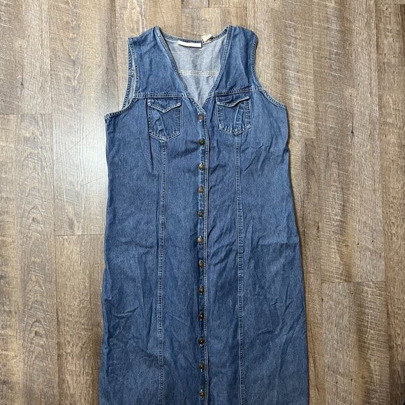 Dresses & Skirts - Vintage 90s Denim Sleeveless Maxi Dress Center Buttons Womens‎ Medium